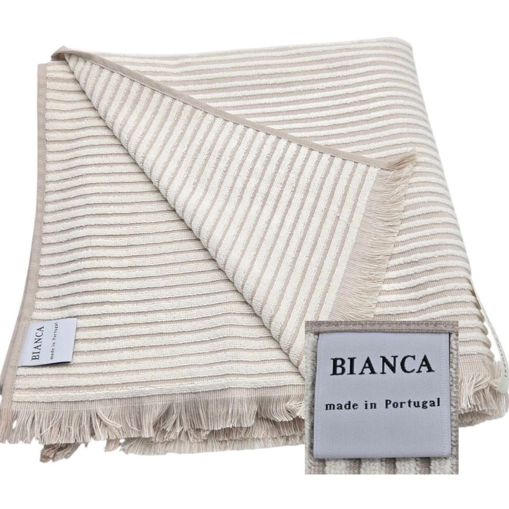 Bianca Raised Striped Cotton Bath Towel Tan And Ecru Made in Portugal
